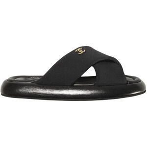 Chanel REV Black Fabric Criss Cross Puffy CC Logo Slide Mule Sandal Flop Flat 38